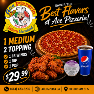 1 Medium 2 Topping with 1 Pop, 1 Dip & 1LB Wings